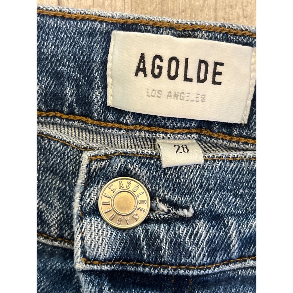 AGOLDE Jamie High Rise Straight Leg Jeans Blue Distressed Knee‎ Size 28